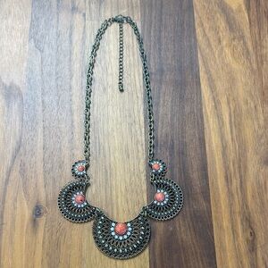 Vintage Gold Tone Orange Coral Bead Fan Statement Necklace Y2K Artsy Cocktail